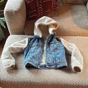 GAP Blue and White Jean Jacket with Cozy Fleece Sleeves